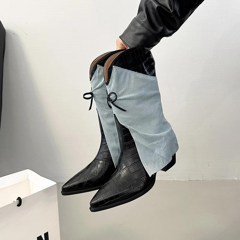 

Мода Осень Зима Женские Ковбойские Сапоги Винтаж Острый Носок Обувь Женская Толстый Каблук Короткие Боты Zapatos De Mujer 35 синий