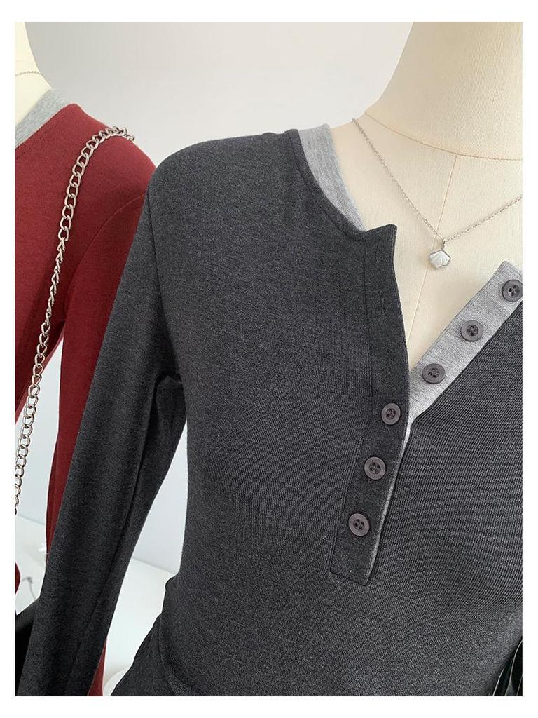 Stylish Contrast Color Faux Two-Piece Long-Sleeve Top for Women