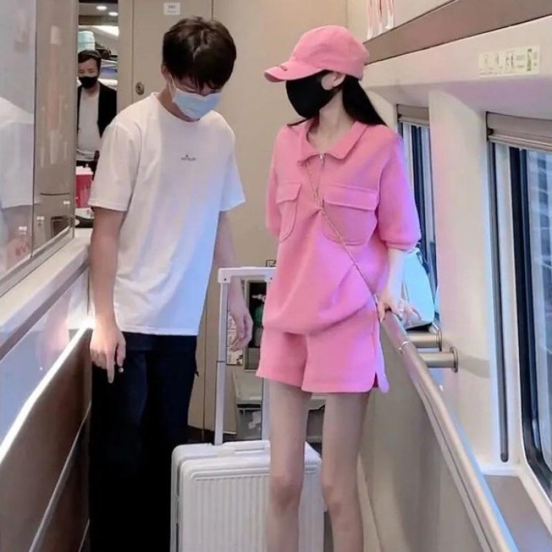 

Women s 2025 Summer Fashion Influencer Short Sleeve Casual Plus Size Two-Piece Set L рожевий