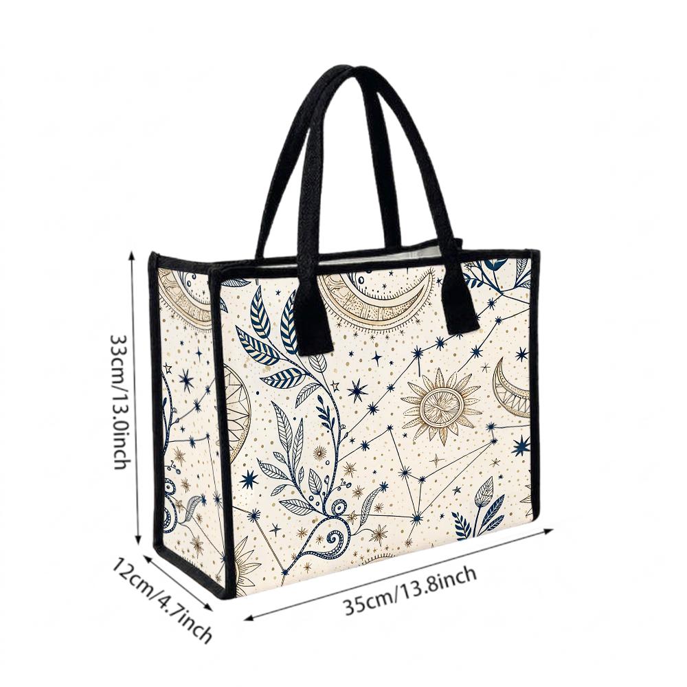 Boho Celestial Moon Sun Print Large Tote Bag Casual Daily Portable Shopping Shoulder Bag for Women