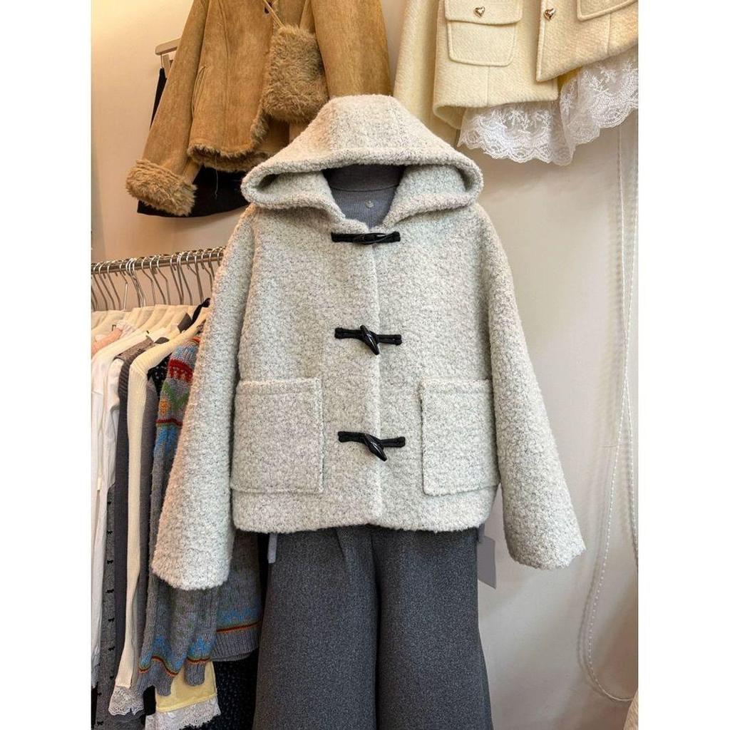 Korean Style Quilted Woolen Hooded Coat with Horn Buttons - Versatile Winter Wear