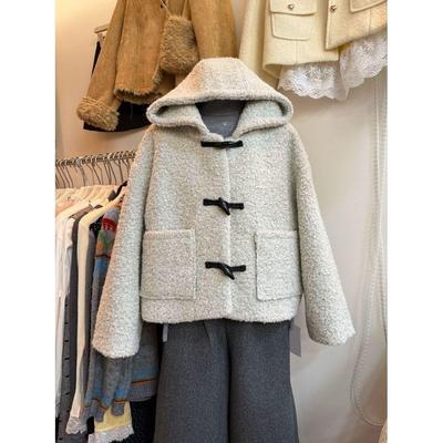 Korean Style Quilted Woolen Hooded Coat with Horn Buttons - Versatile Winter Wear