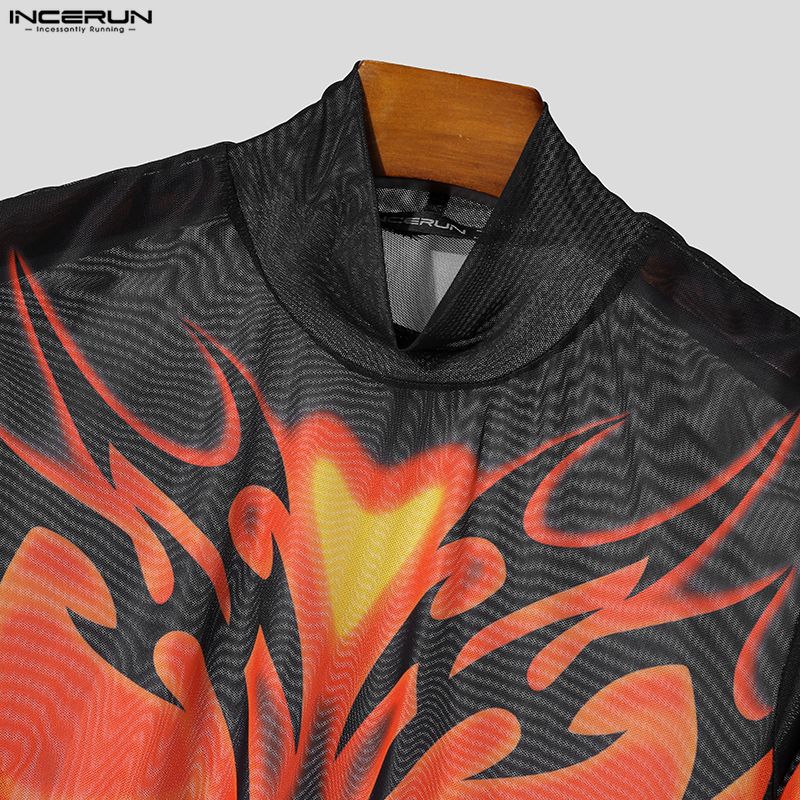 INCERUN Men Long Sleeve Mesh Sheer See Through Print Party Fitted T-shirts Tops