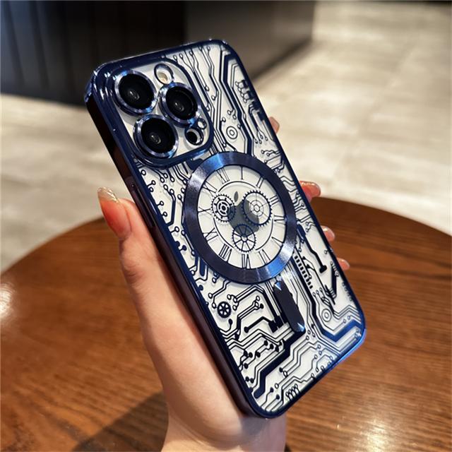 For iPhone 15 Pro Max Luxury Plating Magsafe Magnetic Mechanical Pattern Phone Case For iPhone 11 12 13 14 Plus Protective Cover