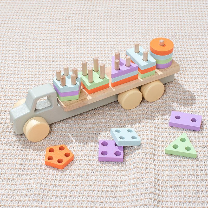 Wooden Montessori Toy Geometry Set Of Columns Baby Educational Toys Trailer Children Learning Toys For Cognitive Shape Pairing