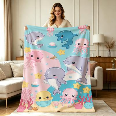 All Season Flannel Blanket with Cute Marine Life Dolphin Jellyfish Starfish Coral Print Soft Warm Throw Blanket for Sofa Couch Bed Office Living Room 