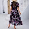 Boho Floralprint Maxikleid für Damen Sommer Strandsonnenkleid mit tiefem V-Ausschnitt Rüschenkurzarm Chiffon Langes Freizeitkleid
