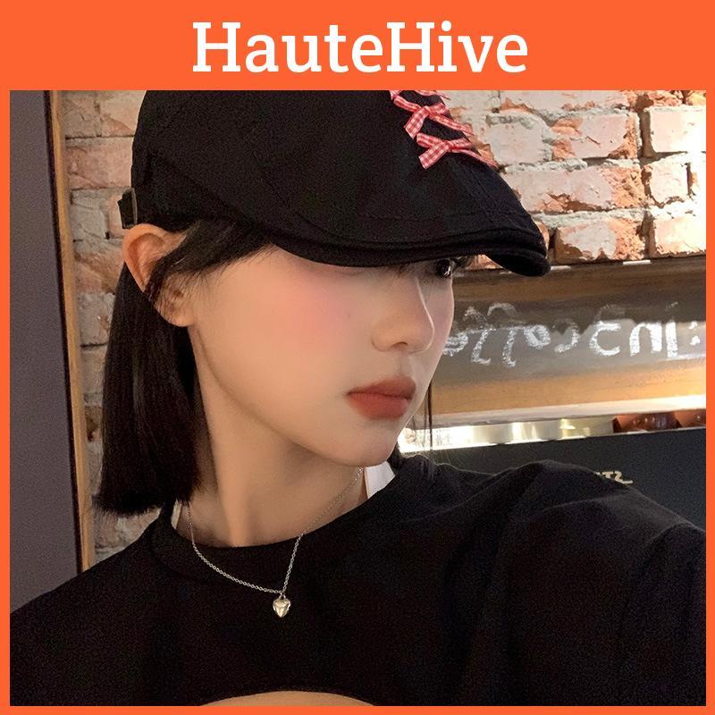 Trendy Retro Womens Beret Hat With Bowknot Cotton Blend Newsboy In Black Fall