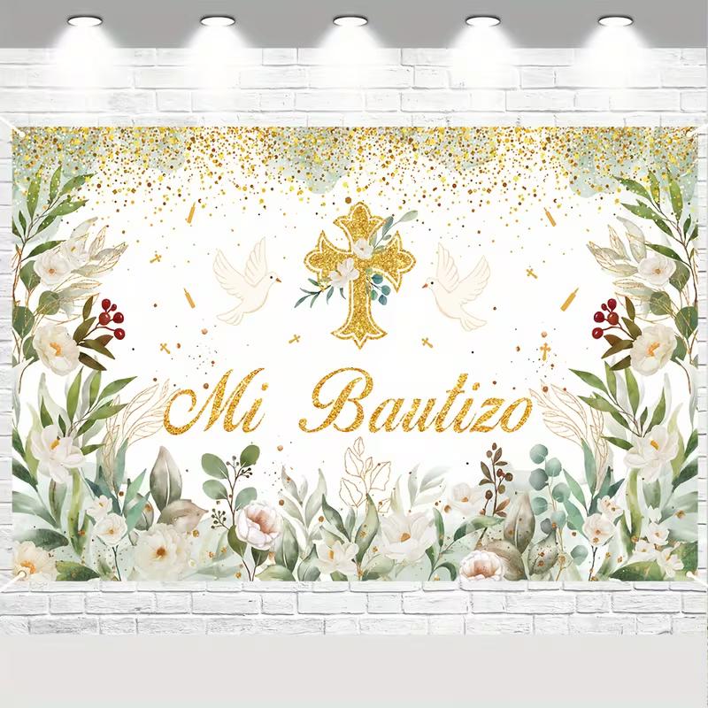 2D Watercolor Floral Baptism Banner, Gold Cross &  Mi Bautizo  Backdrop, Christening Party Decor 47.2x31.5inch/120*80cm