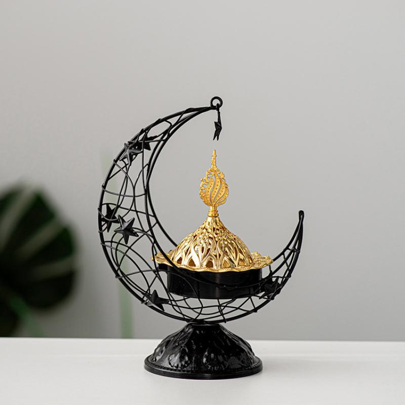 Middle East handheld crescent metal incense burner, black gold color, living room desktop aromatherapy stove