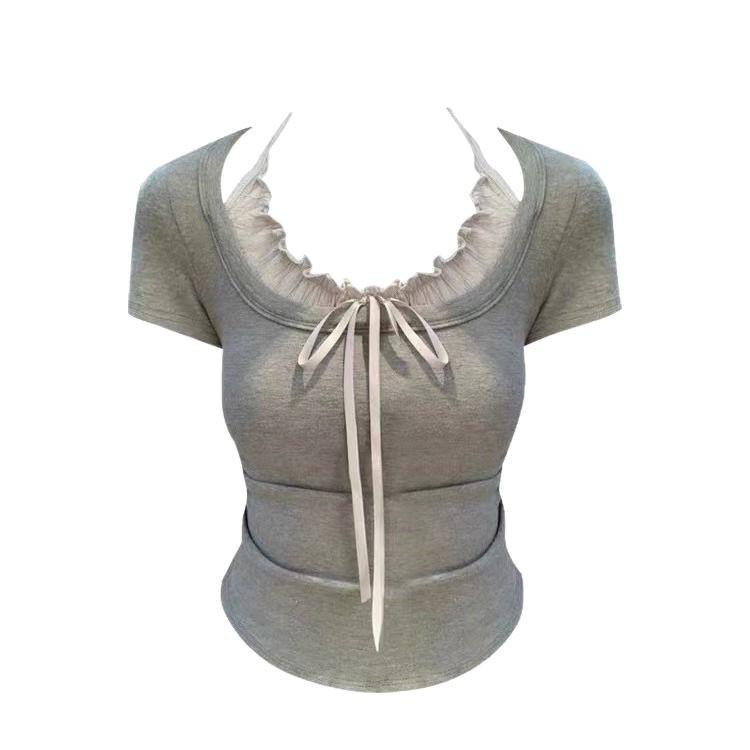French pure desire style sexy niche fashion neck fake two short-sleeved T-shirt slim irregular spice top ins