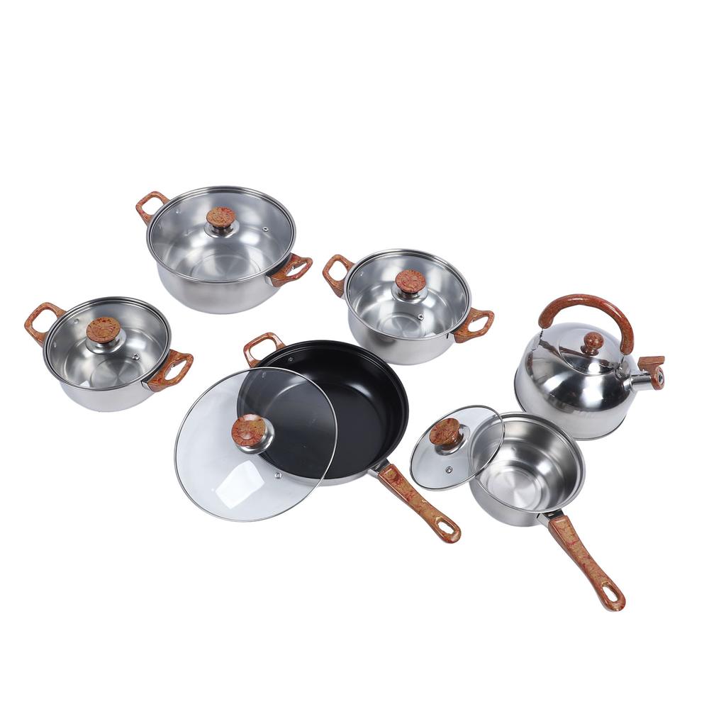 Stainless Steel Cookware Set Multifunctional Wooden Grain Kitchen Cookware Pots Pans Set with Kettle