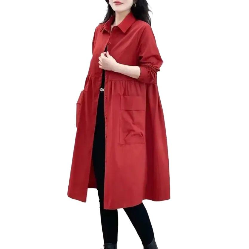 Solid Color Mid-Length Trench Coat - Spring/Autumn Korean Fashion Loose Fit Outerwear