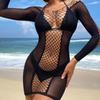 Vestito Estivo Mini Bodycon Bianco Rete Trasparente Lavorato all'Uncinetto Copricostume Donna Manica Lunga Costume da Bagno Beachwear Top Outfit Sexy