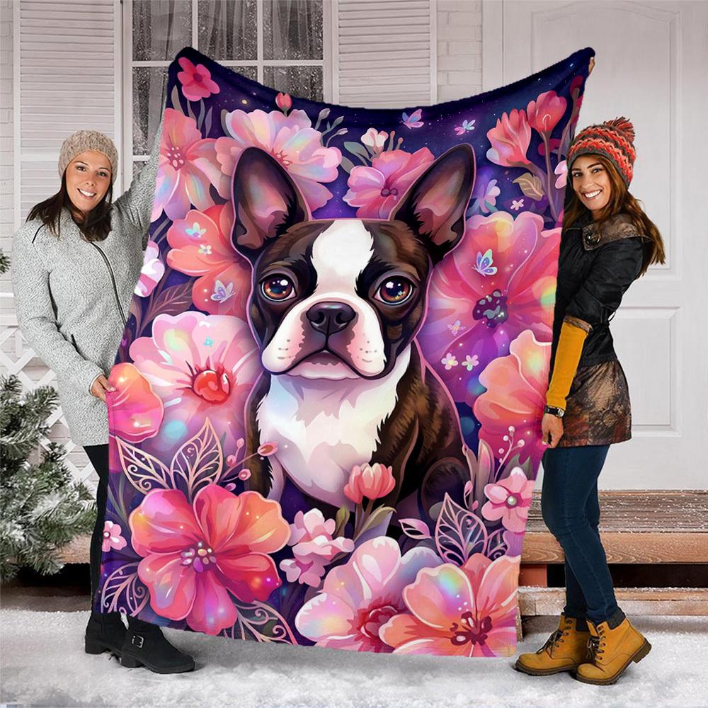 1pc Floral Boston TerrierOutdoor Blanket, Soft And Comfortable Blanket, Casual Warm Outdoor Blanket, Good Birthday Gift yy260328065