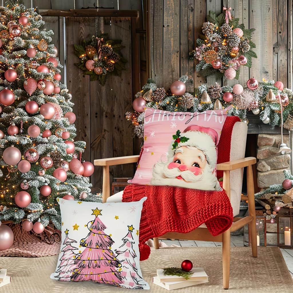 Christmas Themed Pink & White Pillowcases: Santa, Trees, Bell, Snowman Sofa Bed Cushion Cover, New Year Home Decoration
