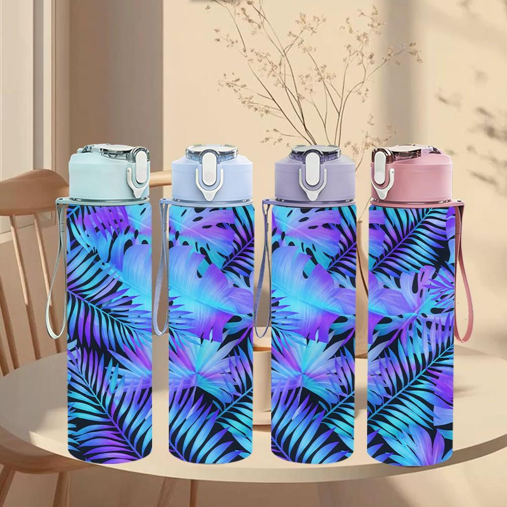 1PC Tropical Blue Palm Leaf Art 750ml Color Plastic Sports Water Bottle Leakproof Flip Straw Lid Suitable for Sports Office Home Use