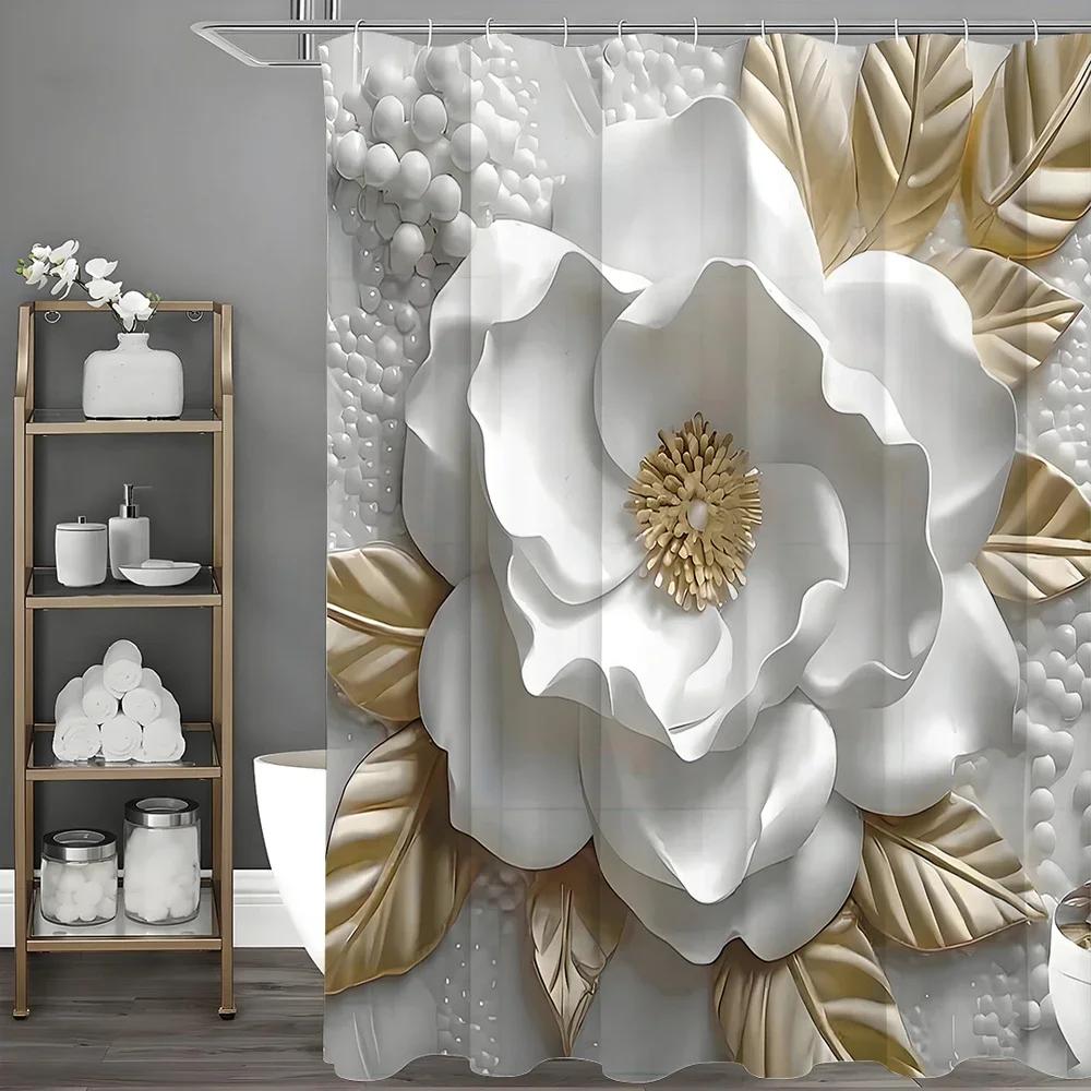 ~O~Embossed Camellia Creative Shower Curtain, Bathroom Decorative Shower Curtain, Waterproof Shower Curtain with Hooks