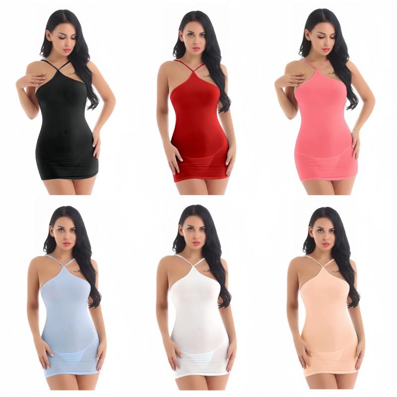 FREEAUCE Womens Sexy Backless One-piece Mini Short Dress See Through Halter Wrap Hips Bodycon dresses Night Club Wear Summer