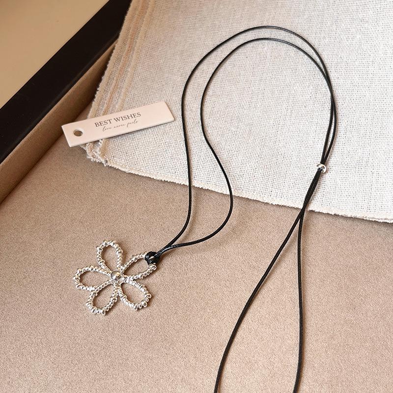 Silver Hollow Flower Pendant Necklace with Adjustable Leather Cord - 2025 Trendy Light Luxury Clavicle Chain