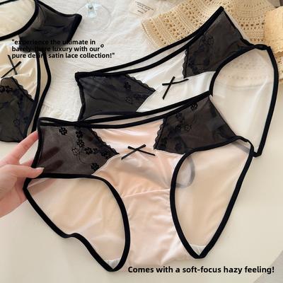 Ladies Summer Pure Lace Satin Ice Silk Extended Crotch High Bare Feeling Breathable Waist Triangle Briefs