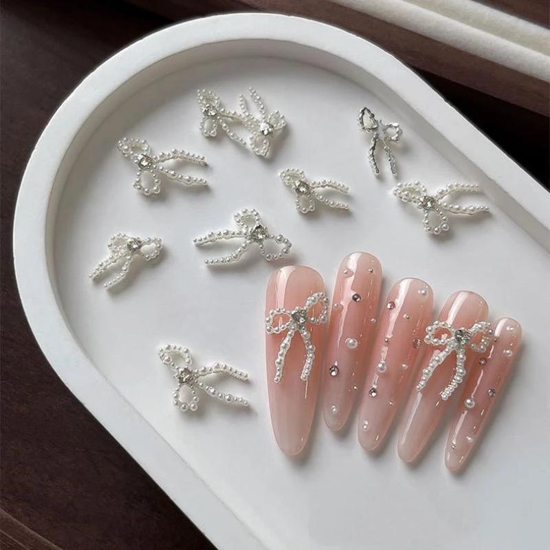 2 Pcs Pearlescent Bow Pearl Nail Art Accessories Ribbon Bow Ties Resin Trendy Nail Charms Decorations Diy Cute Nail Parts