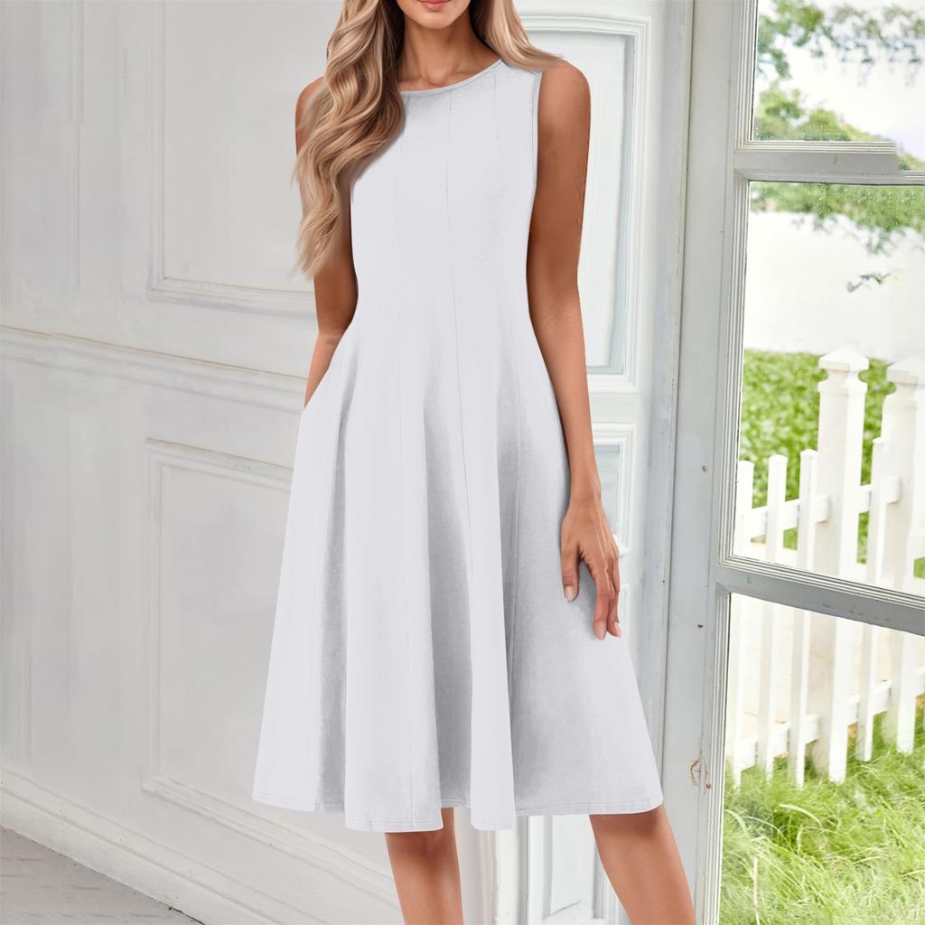 Women's Fashionable Round Neck Sleeveless Solid Color Casual Pullover Mid Length Dress