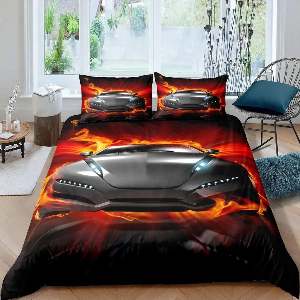 Race Car Bedding Set Cool Speed Racing Duvet Cover Set Black Sport Car Quilt Cover For Men Polyester Comforter Cover Set Cool