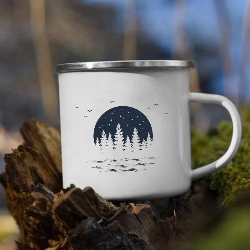 Stampa 'Le Montagne Aspettano' Tazza Smaltata Creativa Campeggio Caffè Tè Acqua Latte Tazze Manico Bicchiere Vacanza Escursionismo Regalo