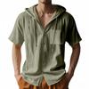 Men's Beige Linen Blend Hooded Drawstring Short Sleeve Button Up Pocket Casual Shirt