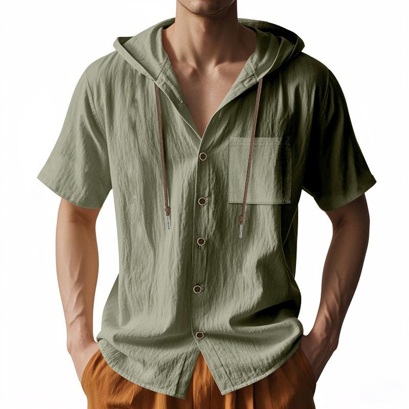 Men's Beige Linen Blend Hooded Drawstring Short Sleeve Button Up Pocket Casual Shirt
