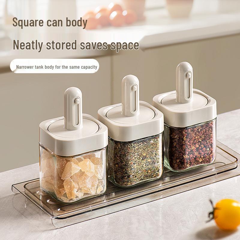 Retractable Glass Spice Jar with Spoon Lid: Sealed Kitchen Seasoning Container for Oil and Salt