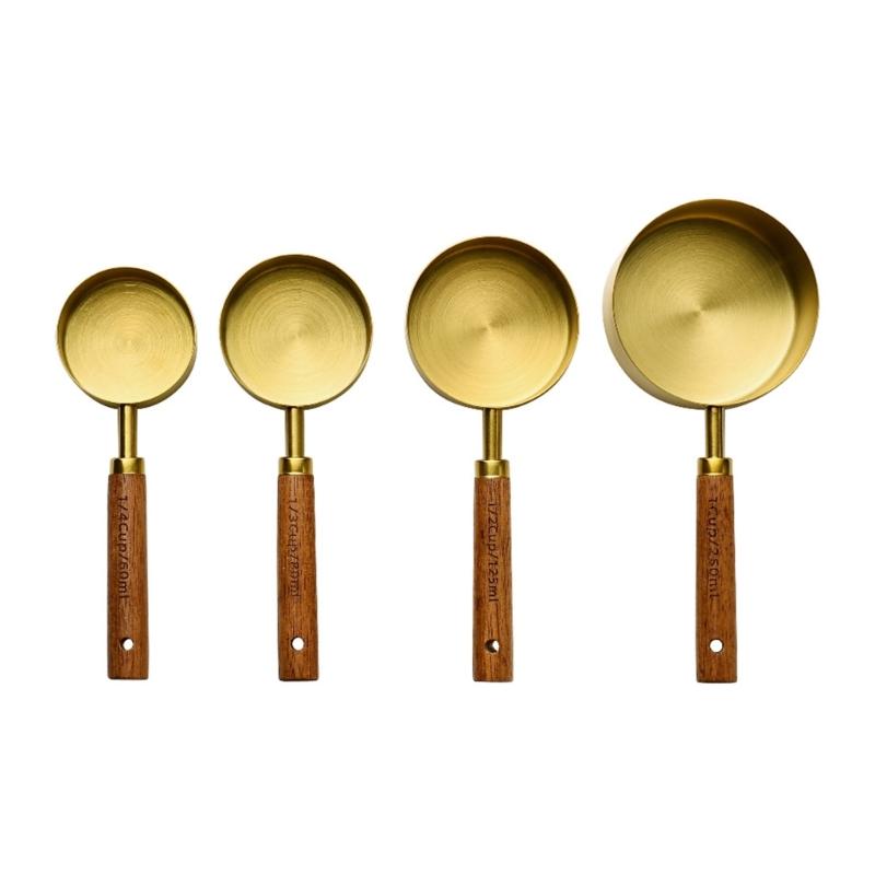 Set of 4 Baking Tool Set Stainless Steel Measuring Cups Measuring Spoons Wood Handle Kitchenwares for Baking Cooking