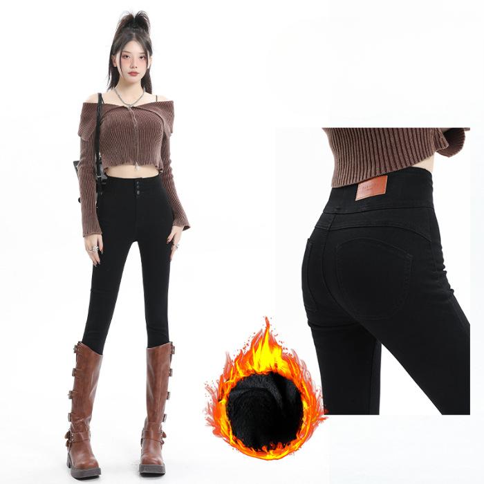 Plush Velvet Trousers for Women In Autumn and Winter Peach Buttocks Tight Jeans for Women Ash Super High Waist Pencil Pants for Women