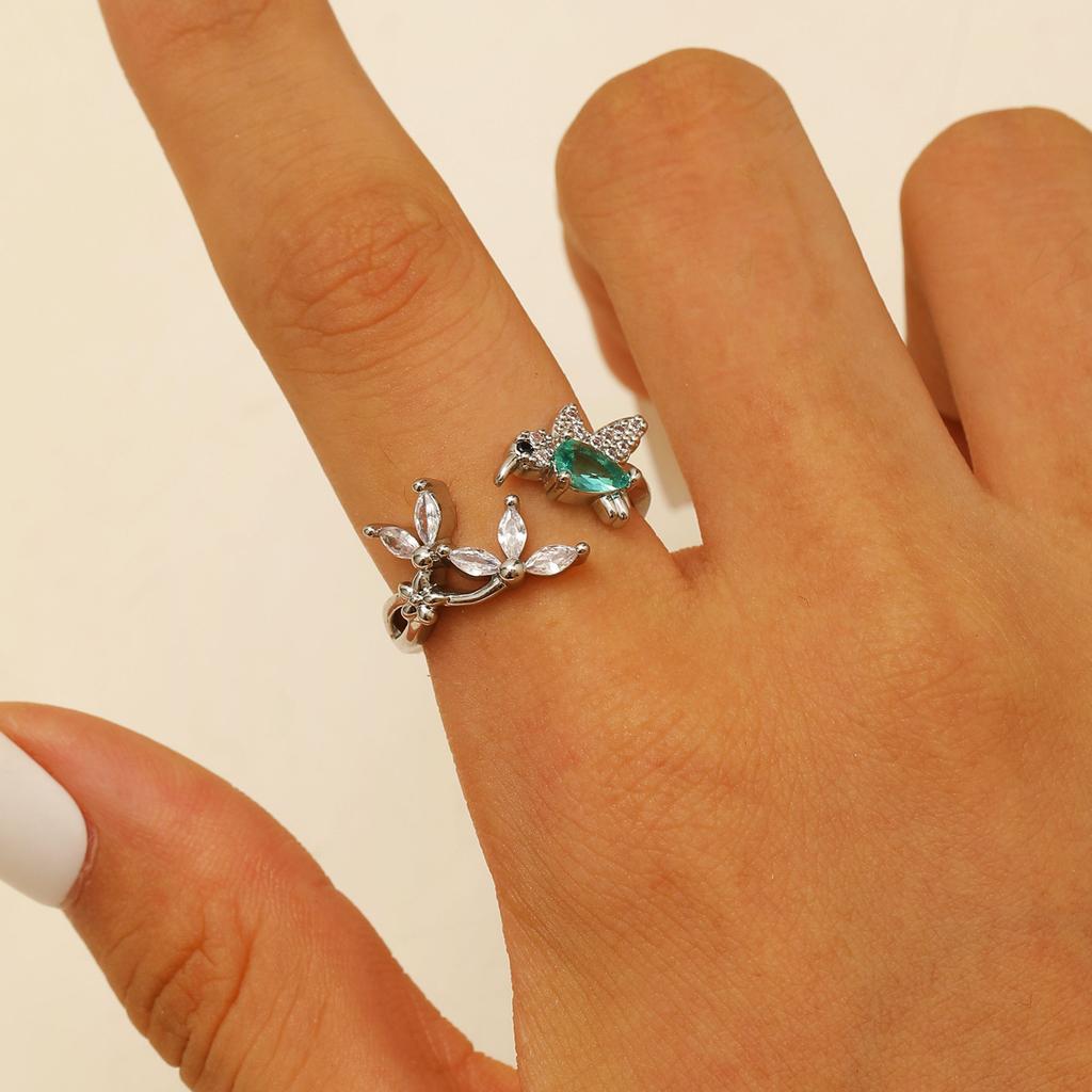 Hummingbird & Flower Open Ring Collection, Gold/Silver Tone Adjustable Gemstone Bird Rings for Women