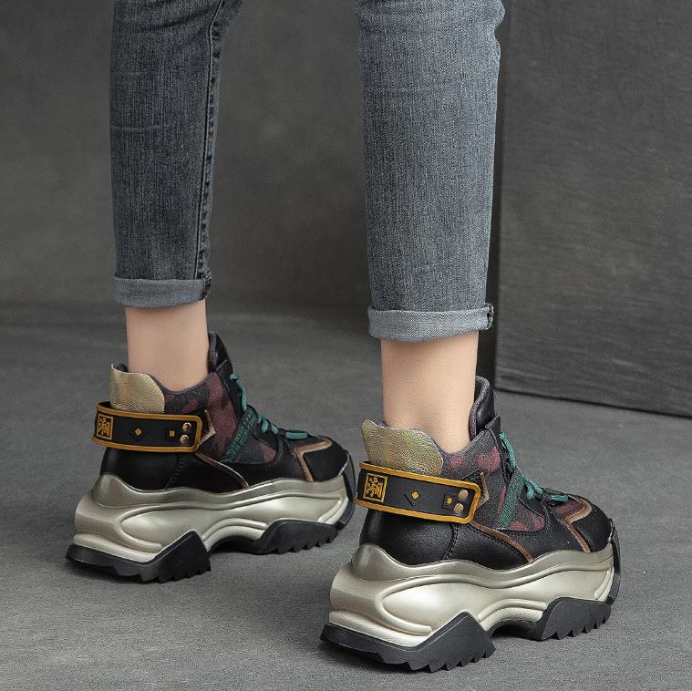 Fashion 7CM Ankle Boots Genuine Leather Platform Autumn Winter Mid Calf Mixed Color Women Ethnic Fashion Lady Chunky Heels Shoes