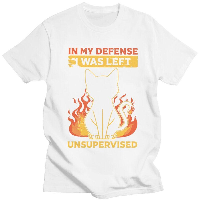 Custom In My Defense I Was Left Unsupervised Funny Cat T Shirt Men Pure Cotton Tshirt Tee Tops Streetwear Tshirt