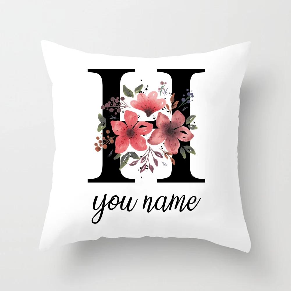 Personalized Name Flower Letter Pillow Case Alphabet Print White Square Pillow Case Dust Cover Bedroom Party Decoration