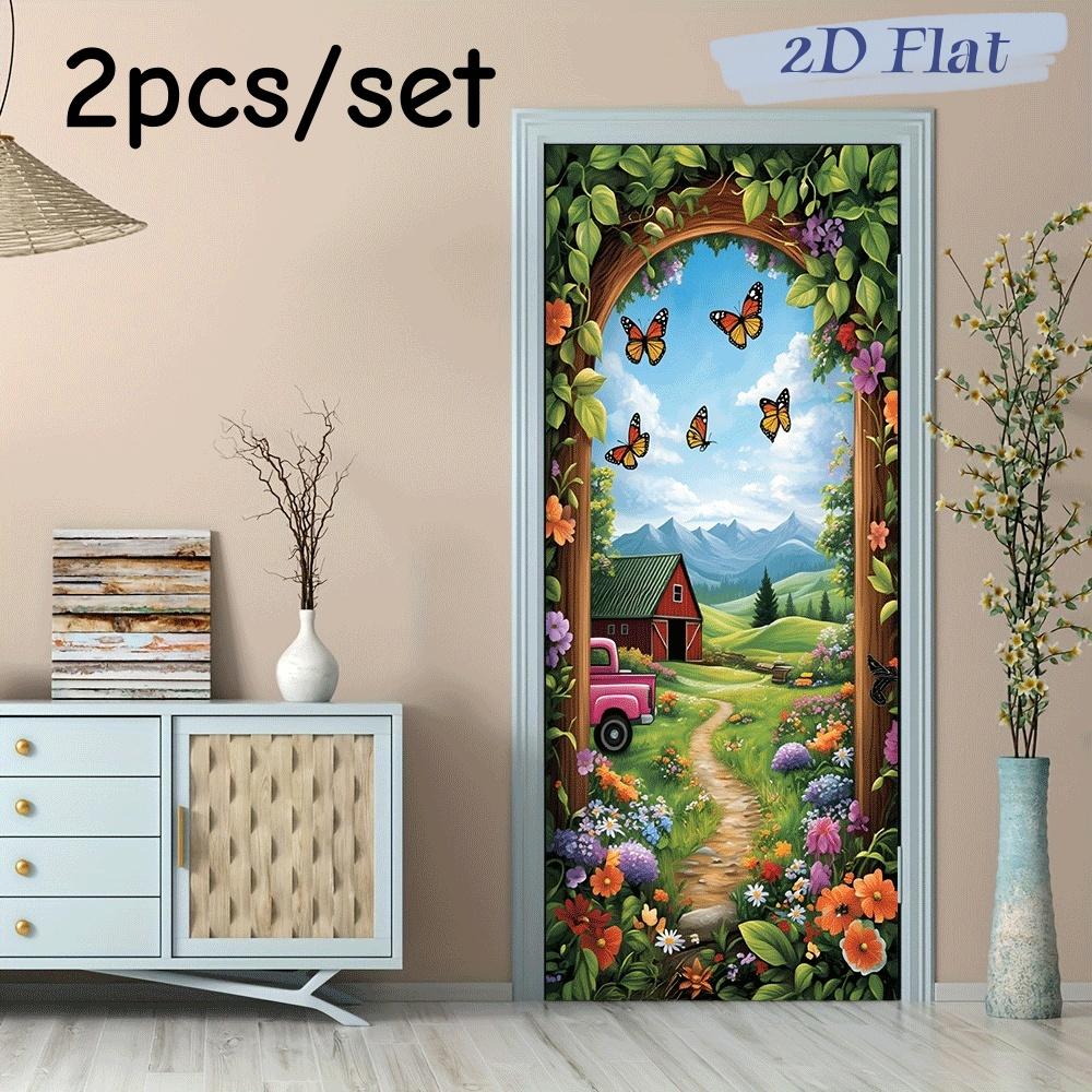 

2pcs Rural Scenery Door Stickers Simulated Door Frame Wall Stickers Butterfly Flowers Farmhouse Scenery Stickers Living Room Bed (as the picture,38.5x200cmx2)