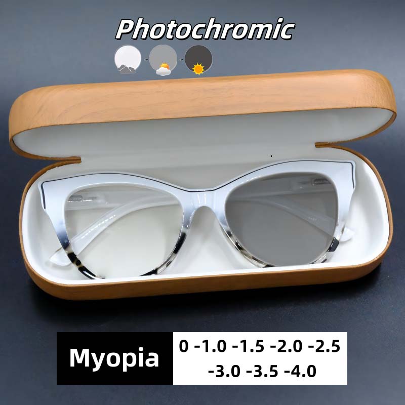 Fashionable Cat Eye Photochromic Myopia Glasses Ladies' Ultra Light Indoor and Outdoor High-definition Anti Blue Light Glasses