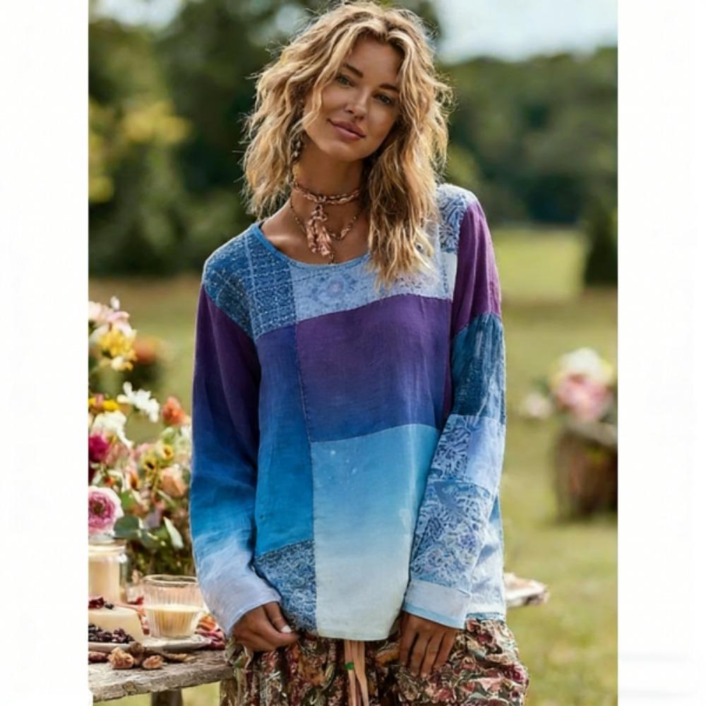 Europe America Women's T-shirt Fashion Floral Print Pullover Bohe Style Women Long Sleeve T-shirt Outdoor Casual Tees Top