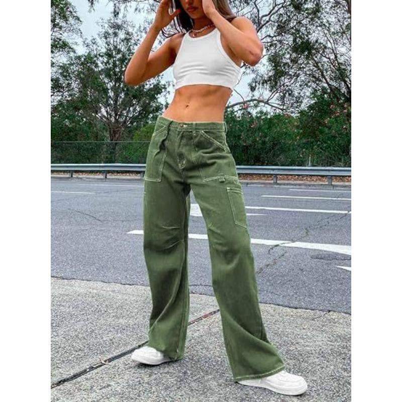 Damen lockere lässige High-Waist gerade Hosen mit sechs Taschen Cargo-Hosen
