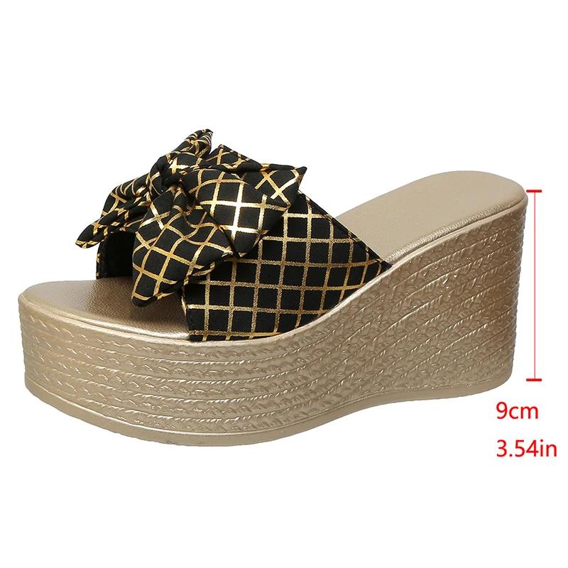 Fashion Bowknot Decor Chunky Platform Sandals Women Fashion Plaid Pattern Wedge Heel Sandals Woman Summer Thick Bottom Beach Slippers