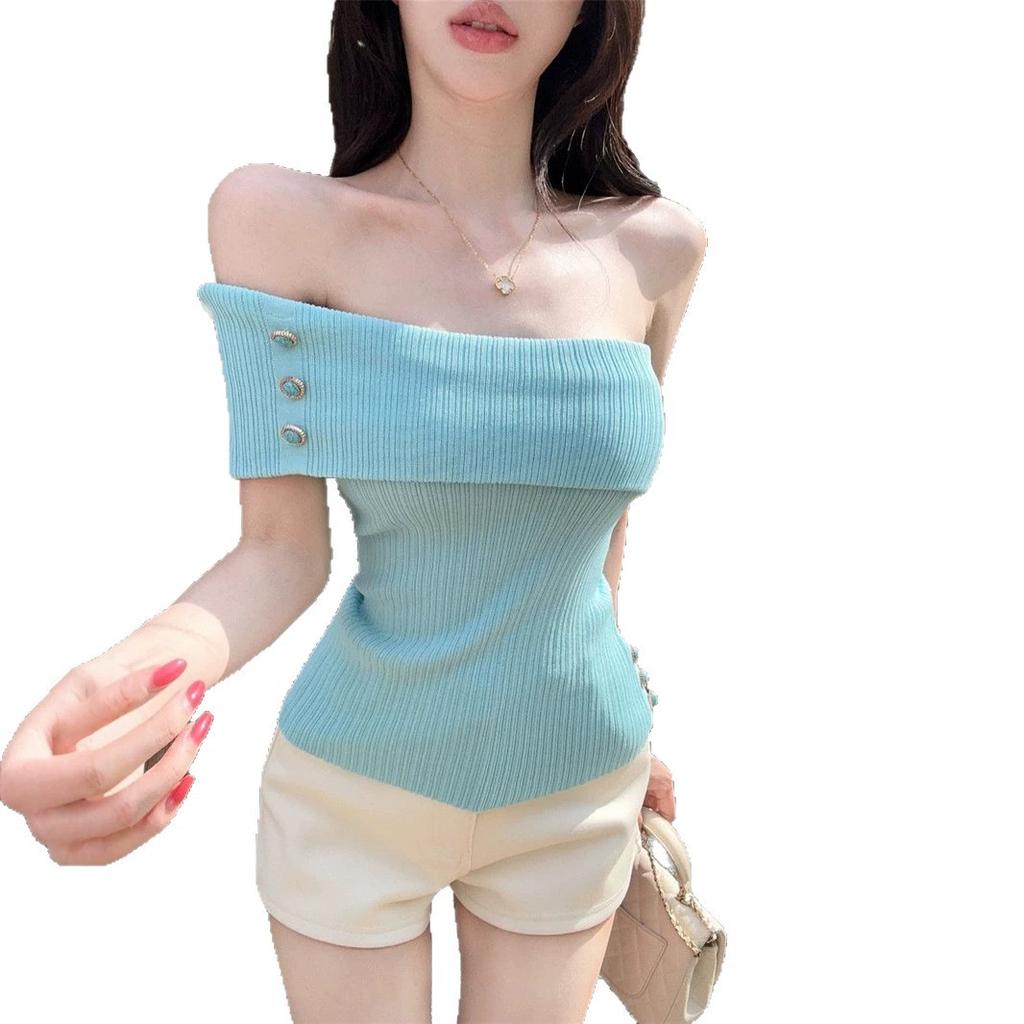 Korean gentle sweet Spice girl one-word collar off-the-shoulder T-shirt women's summer fashion design sense slim and thin temperament top