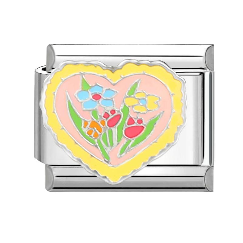 Summer Spring Colorful Flowers Bouquet Tulip Rose Heart Italian Charm Links Fit 9mm Bracelet Stainless Steel Women DIY Making