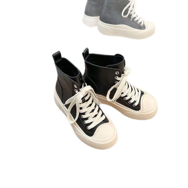 Sheepskin Version~ Thick Sole Design Sense Simple Invisible Height Increase Casual Shoes Women's New Lace-up Round Head High-top Shoes