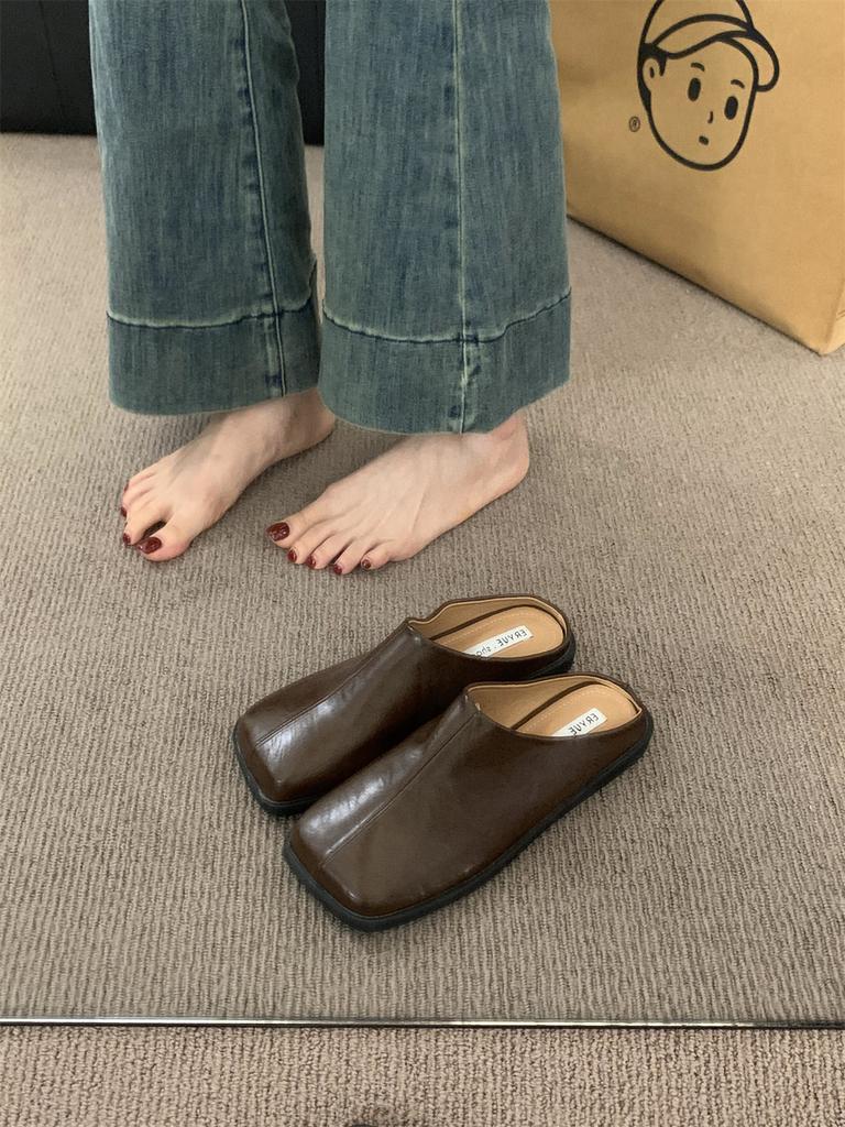 Fashion 2025 Summer New Low Heels Mules Shoes for Women Square Toe Slippers Women Chunky Heel Cover Toe Slippers Shoes Zapatos De Mujer