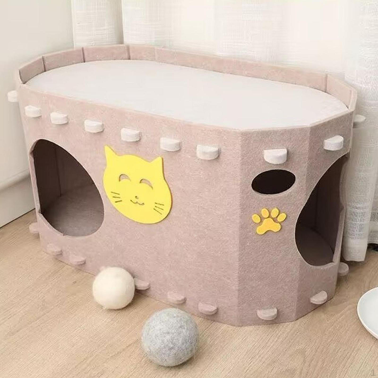 

Кровать-домик для кошек с туннелем и когтеточкой для нескольких кошек коричневый