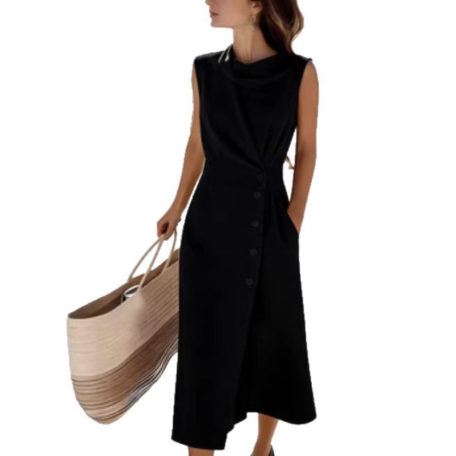 European & American Elegant Sleeveless Pleated Button Dress - Solid Color, Irregular Hem.