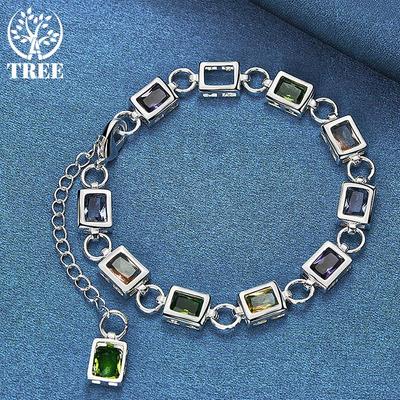 925 Sterling Silver Square Inlaid With Multi-color AAA Zircon Bracelet Jewelry